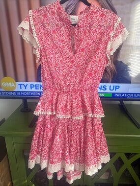 Misa Los Angeles Pink Floral Mini Dress with White Lace Trim